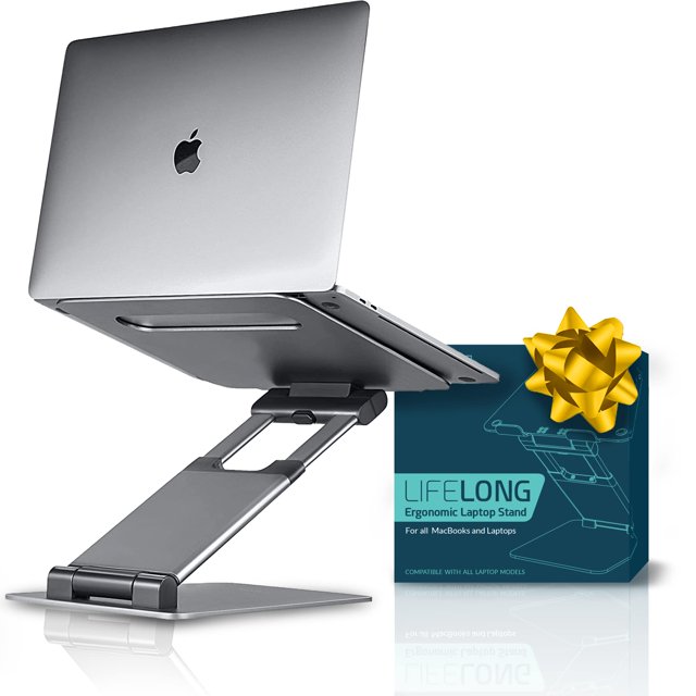 Lifelong ergonomic laptop stand in grey, designed for desks with adjustable height up to 20 inches. The stand features a foldable design and is compatible with laptops and tablets ranging from 10 to 17 inches, including MacBook models. The image shows the stand holding a laptop, highlighting its sturdy and portable construction. A branded box with a gold bow is displayed beside the stand.