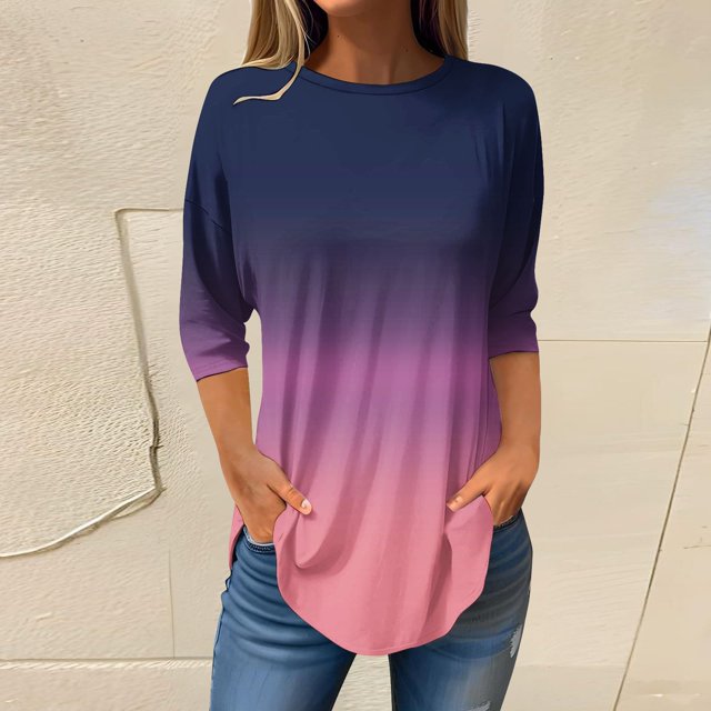 Pxiakgy Vente Chaude!! T-Shirts à Manches Longues Col Rond pour Femmes Printemps Automne Tie Dye Hauts Amples Tunique Décontractée Blouse Col Printemps Tunique Imprimée Décontractée T-Shirts Trois Quarts Hauts pour Femmes Violet S