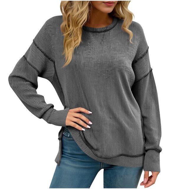 FAIWAD Womens Sweatshirts Crew Neck Long Sleeve Colorblock Side Slit Pullover Tops Casual Oversized Outfits