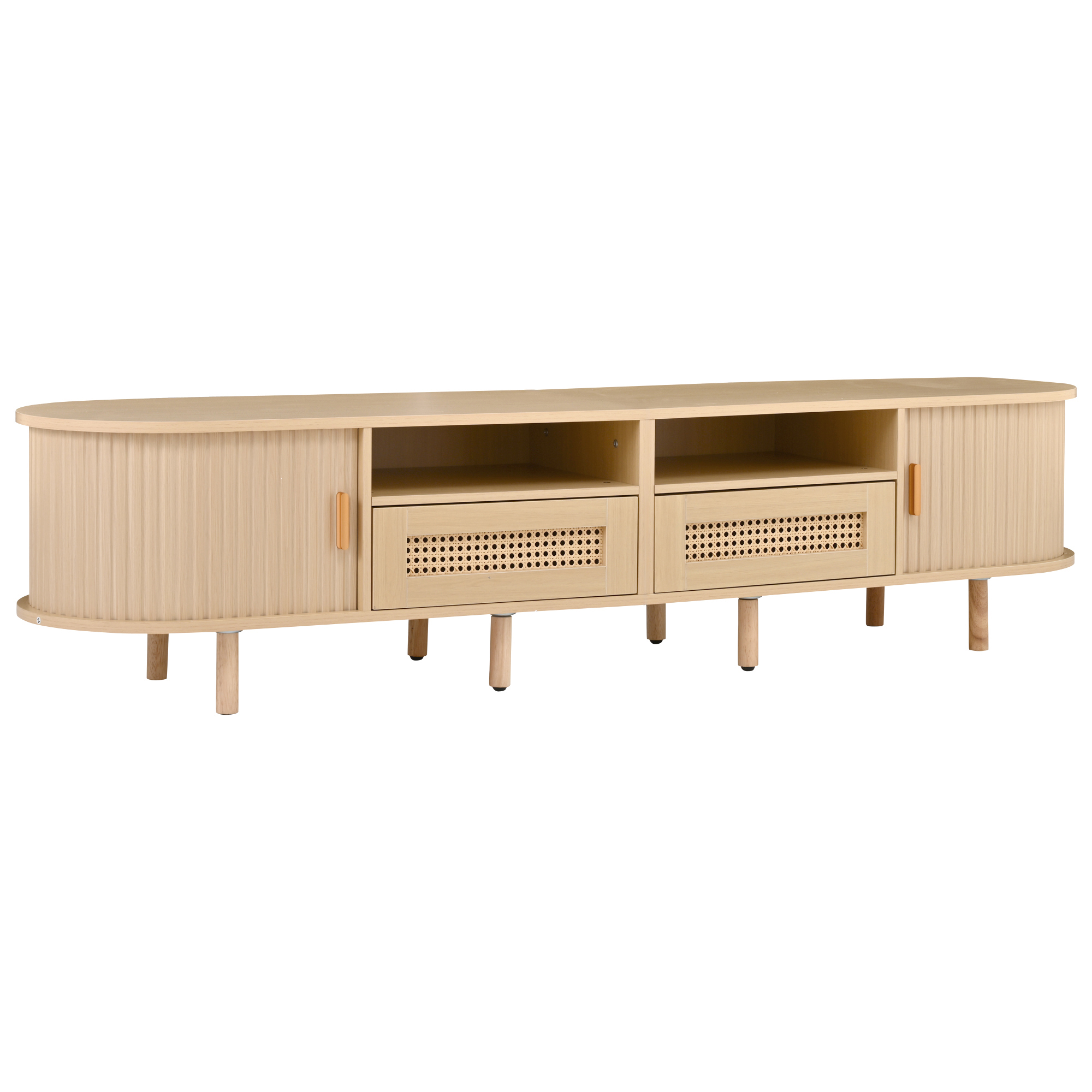 Homy Casa TV Stand for TVs up to 65", 64.9" Modern Media Console with 2 Drawers, 2 Cabinets & Open Shelves, Natural Oak