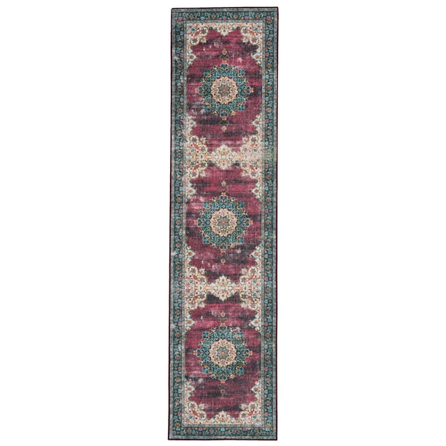 Bryant 2' x 8' washable runner rug in ivory and burgundy featuring traditional medallion patterns with jewel tones, made of stain-resistant polyester with nonslip backing, ideal for hallways, kitchens, or laundry rooms, machine washable for easy care and family-friendly use.