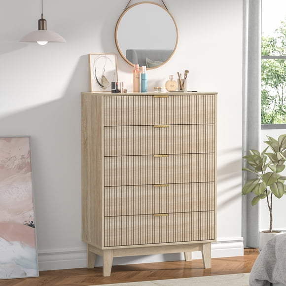 Eumyviv Commode à 5 Tiroirs, Commode Cannelée en Bois pour Chambre, Organisateur de Rangement Moderne de 45,7 Pouces de Hauteur avec Poignées en Métal, Naturel pour Salon, Chambre de Bébé, Garde-Robe