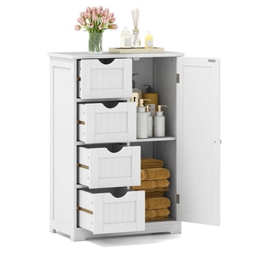 Costway Armoire de Salle de Bain en Bois à 4 Tiroirs, Armoire de Rangement, 2 Tablettes, Autoportante, Blanche