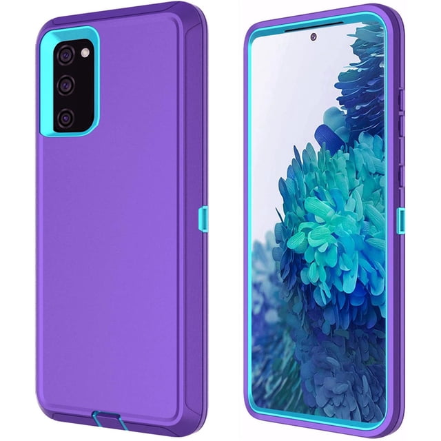Samsung Galaxy S20 FE Hard Case, Anti-Drop Triple 3 Layers Shockproof Heavy Duty Defender Hard Case Cover designed for Samsung Galaxy S20 FE. The case features a vibrant purple and teal design, triple-layer protection with reinforced corners, raised edges for screen and camera safety, and a dust plug for the charging port. Precise cutouts allow easy access to buttons and ports. Ideal for heavy-duty use and customizable with interchangeable color combinations.
