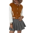 thumbnail image 4 of Women Varsity Baseball Jacket Casual Sweatshirt Long Sleeve Colorblock Button Down Cropped Bomber Coat, 4 of 9