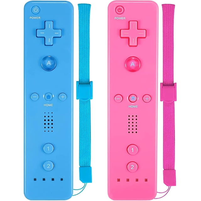 2 Pack Classic Wireless Controllers compatible with Wii and Wii U, featuring one pink and one blue controller. Each controller includes a silicone case and wrist strap for added protection and convenience. Designed with built-in speaker, memory, and vibration feedback functions. Requires 2 AA batteries (not included).
