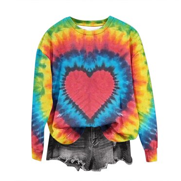 FAIWAD Women's Tie Dye Pullover Sweatshirts Long Sleeve Round Neck Heart Print Casual Plus Size Sweatshirts