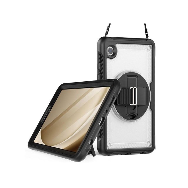 Case for Samsung Galaxy Tab A9 8.7 Inch 2023 Model SM-X110/X115/X117. Shockproof protective cover with a three-layer hybrid structure combining flexible silicone and hard PC material. Features include a built-in kickstand for adjustable viewing angles, a 360-degree rotating stand, a built-in screen protector, and a pencil holder. Includes an adjustable shoulder strap for portability and precise cutouts for full access to ports and buttons. Designed for drop protection with raised edges and corner reinforcements.
