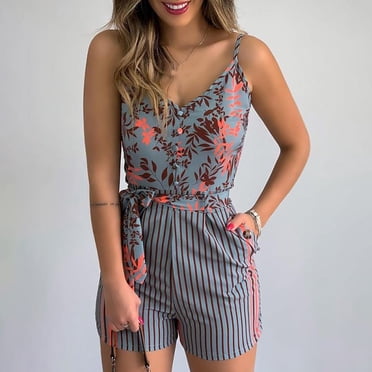 CEHVOM Womens Fashion Leaf And Stripe Printed Sling Short Jumpsuit With Belt And Pocket