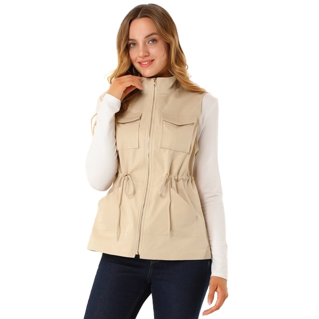 INSPIRE CHIC Women's Sleeveless Drawstring Waist Pocket Sleeveless Zipper Utility Vest