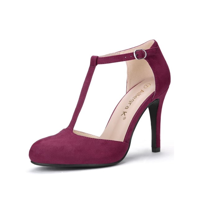 BLISSFUL STEP Chaussures pour Femmes Bout Rond Talon Aiguille Sandales à Bride en T Bourgogne 9