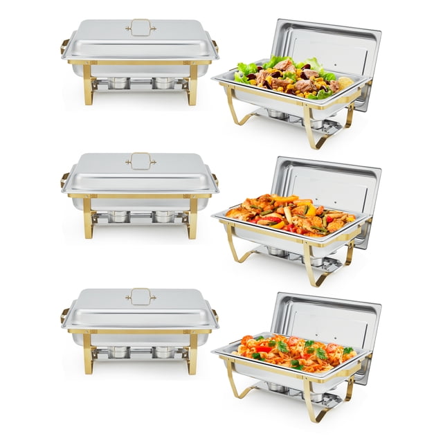 6-Piece Single Compartment Rectangular Chafing Dish Set, Stainless Steel Buffet Warmer with Half Gold Plating, Commercial Food Server for Catering, Restaurants, Weddings, Banquet Events