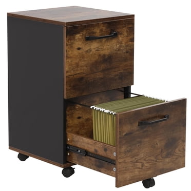 Classeur Mobile en Bois à 2 Tiroirs, Armoire de Classement de 27 Pouces de Profondeur pour Bureau à Domicile avec Support de Dossiers Suspendu Amovible pour Dossiers Format Lettre et A4, 5 Roulettes, Brun Rustique