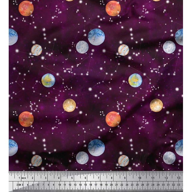Soimoi Crepe Silk Fabric Planet Galaxy Fabric Prints By Yard 42 Inch Wide