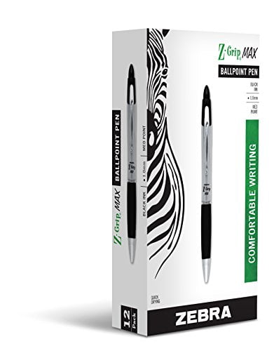 Zebra Stylo Z-Grip MAX Stylo-Bille Rétractable, Pointe Moyenne, 1,0 mm, Encre Noire, Lot de 12