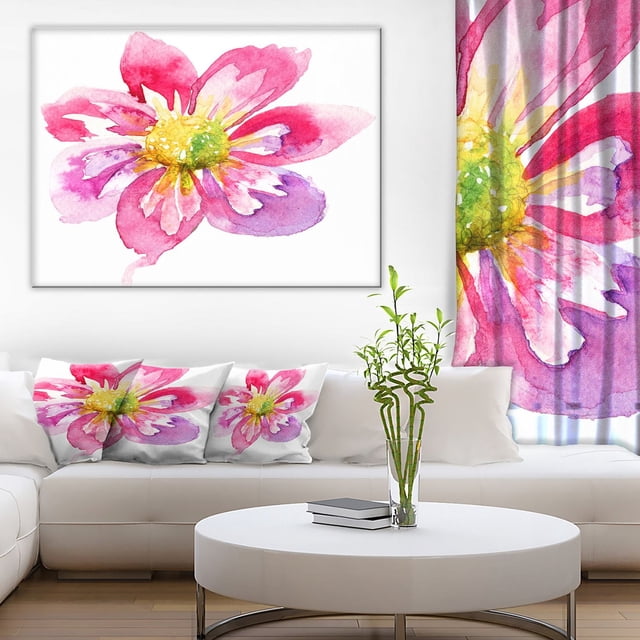 Design Art Full Bloom Pink Flower Canvas Print featuring a watercolor pink and purple flower with a yellow-green center, gallery wrapped on a 1-inch wood frame, ready to hang, displayed in a modern living room with matching floral cushions and curtain, suitable for enhancing home décor.