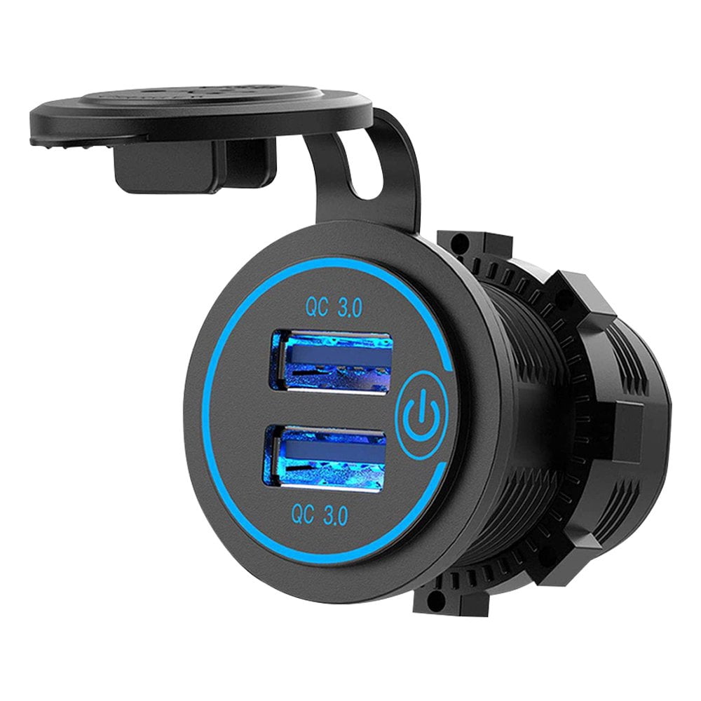 Car Charger Dual USB QC3.0 Motorbike Charger 12-24V LED Portable Charging Adapter  Blue Light