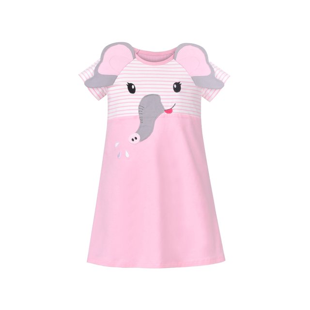 Robe T-shirt Fille Tunique Éléphant à Rayures Manches Courtes Coton Décontracté 4 Ans