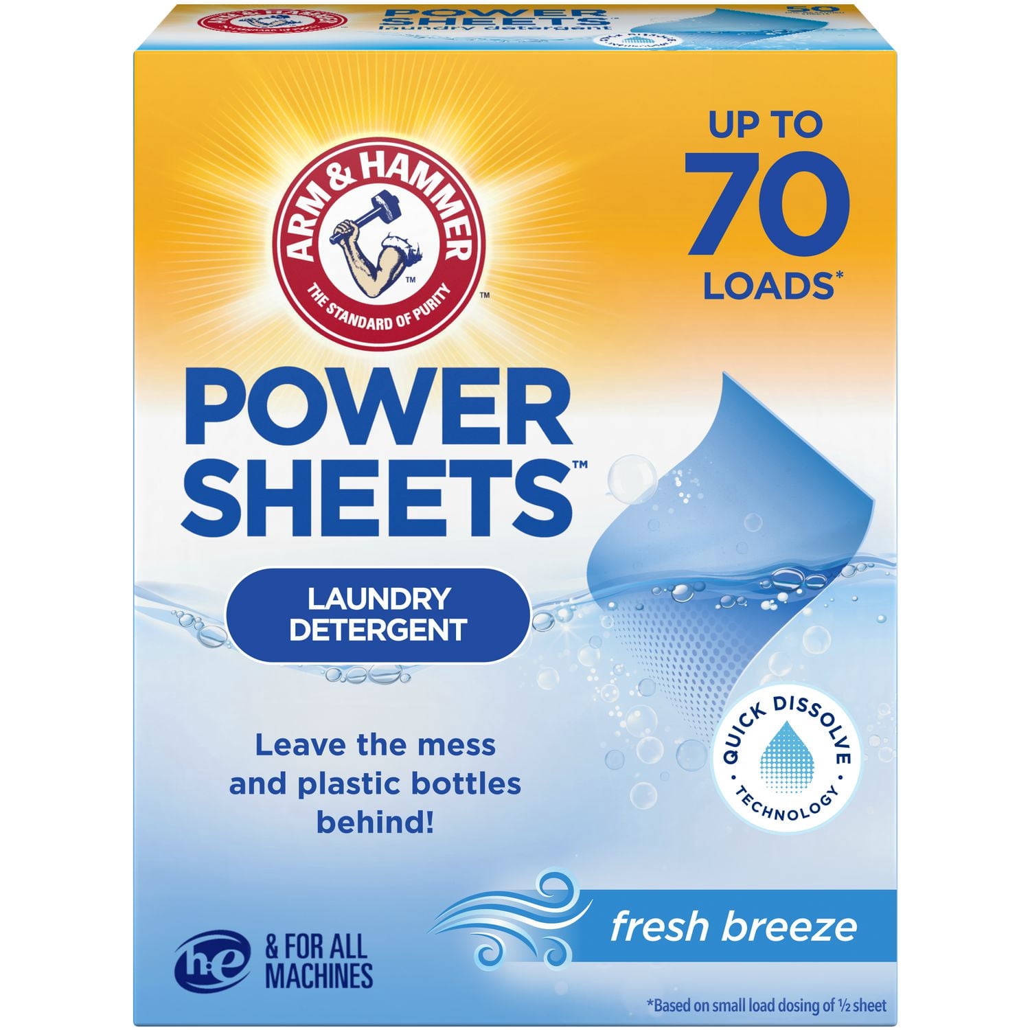 Arm & Hammer Power Sheets Laundry Detergent, Fragrance Free, Quick-Dissolve Sheets, 70 Loads, 35 Count