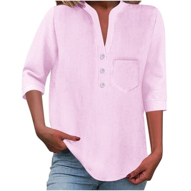 Lenpel Hauts pour Femmes à Manches 3/4, Col en V, Demi-Boutonnage, Couleur Unie, Chemises de Travail Business Casual, Tuniques Amples