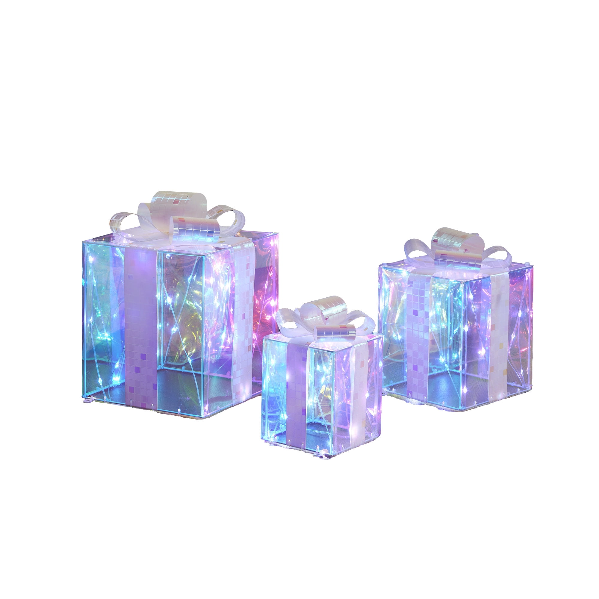 Holiday Time Set of 3 Light-up Prismatic Gift Boxes Christmas Décor, with 80 Cool White LED Lights