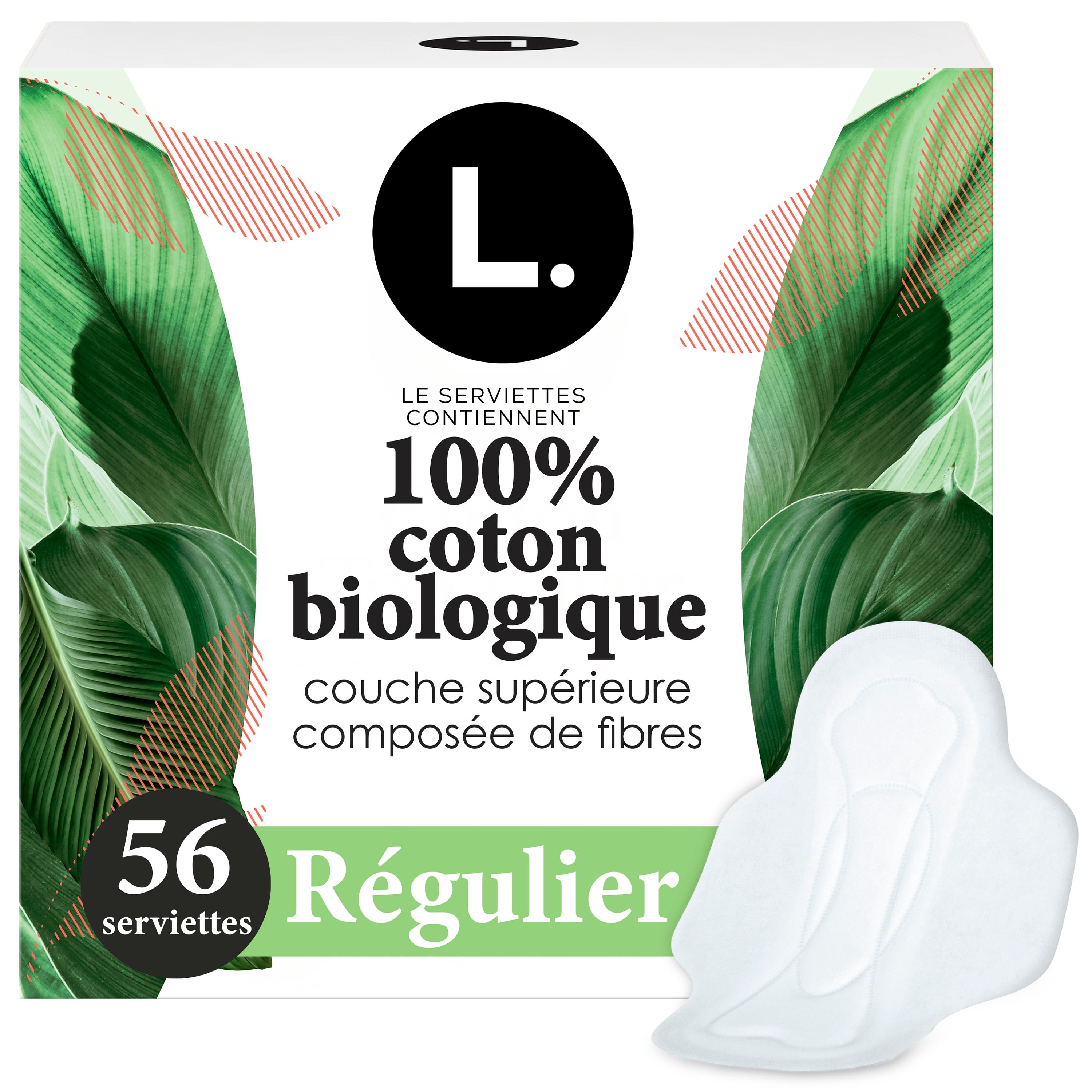 Serviettes menstruelles L. ultraminces pour femmes, degré d’absorption régulier, voile supérieur en coton biologique, avec ailes, 56 U
