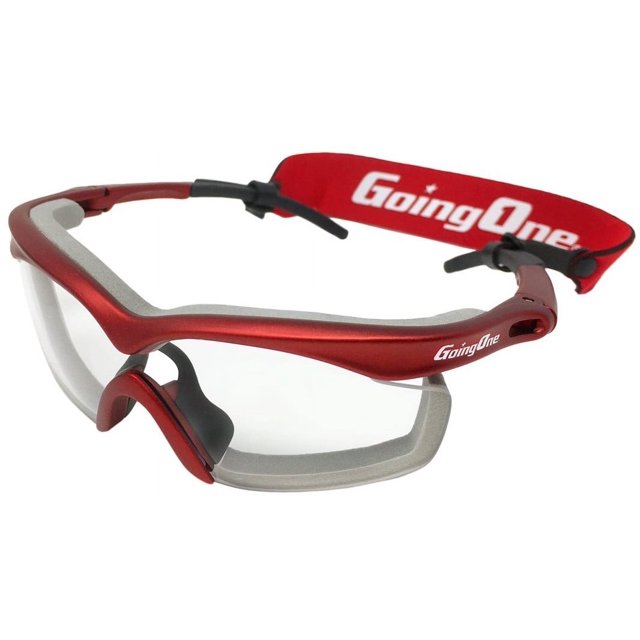 Going One Sports Safety Glasses in junior size, designed for racquet sports like pickleball, racquetball, and squash, as well as basketball. Features a red lightweight nylon frame with a metallic finish, padded eye rims for comfort and sweat protection, and anti-fog polycarbonate lenses. Includes a soft silicone nose bridge and a removable adjustable strap for a secure fit. Meets ASTM F803 impact standards for superior eye protection.