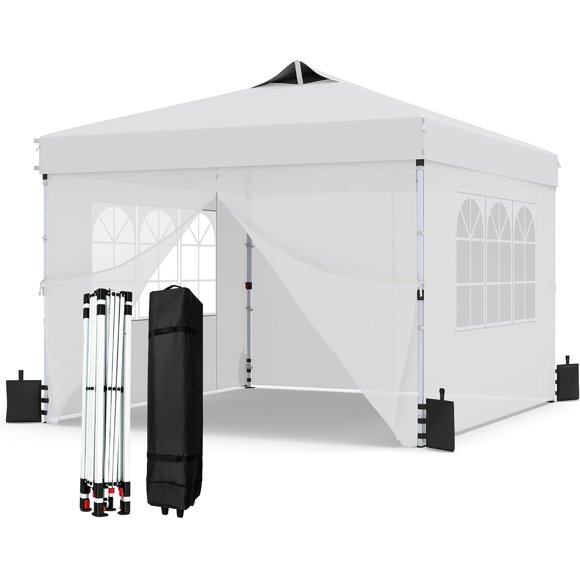 JINSEED Tente à Auvent Escamotable 10x10 Pi avec Quatre Parois Latérales, Toit 300D Enduit d'Argent pour Camping, Marché, Fête, Plage, Blanc