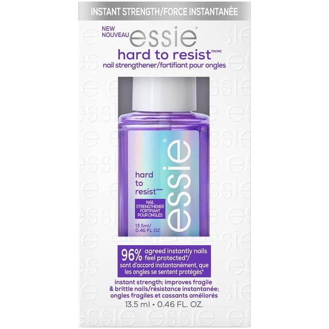 ESSIE HRD RESIST VIO nail strengthener in a clear rectangular bottle with white cap and iridescent label, featuring nail bonding technology to instantly strengthen and protect fragile, brittle nails, 13.5 ml (0.46 fl oz) treatment suitable for improving nail resistance and health