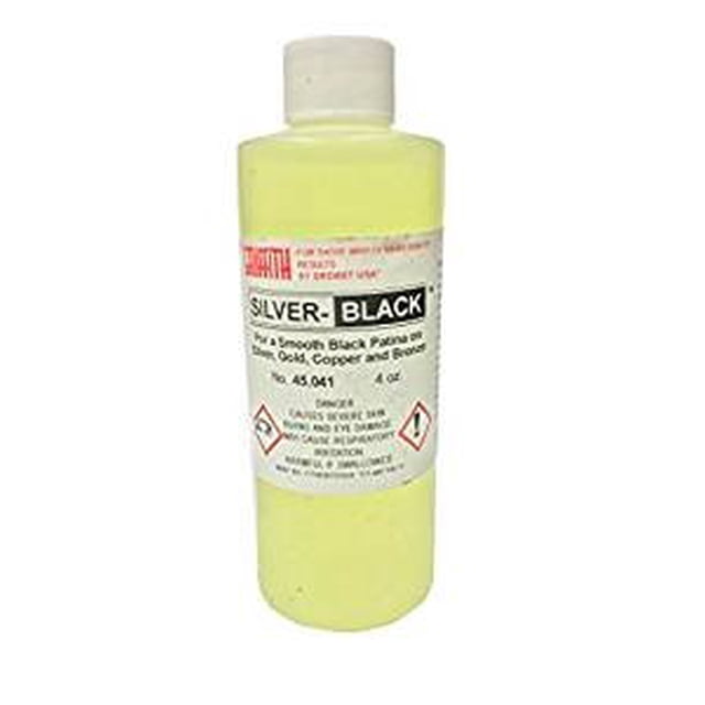ulpeak AETTL Griffith Silver Black 4 OZ, Size - 4 Ounce. A 4-ounce bottle of silver-black patina finish designed for creating smooth black patinas on metals such as brass, gold, copper, and bronze. The bottle has a yellow label with detailed product information and safety warnings.