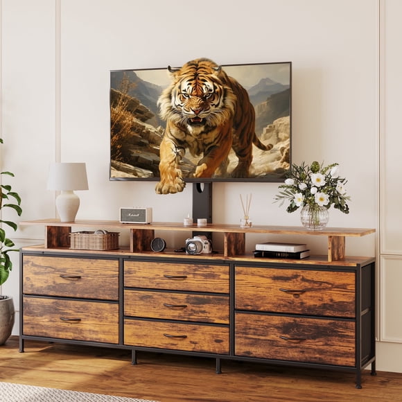 GUNAITO Meuble Télé avec Support Ajustable pour Télé jusqu'à 75 Pouces, Grand Meuble Télé pour Salon avec Rangement, Brun Rustique