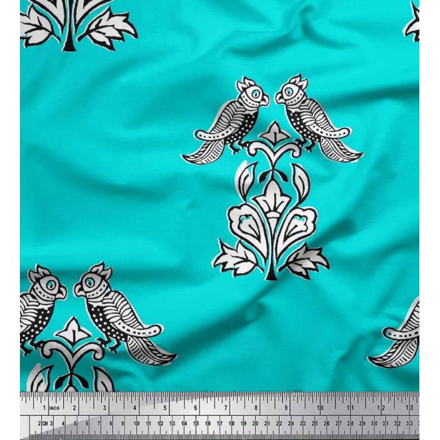 Soimoi Polyester Crepe Fabric Leaves,Bird & Floral Block Printed Fabric 1 Yard 42 Inch Wide