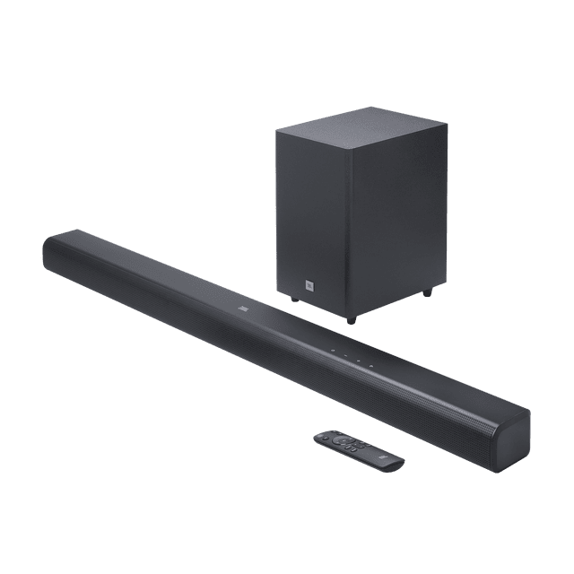 Cinéma SB550 Système de Barre de Son JBL 3,1 Canaux avec Audio Dolby, Incluant une Longue Barre de Son Noire avec grille en Maille, un subwoofer Sans Fil compact pour des Basses Profondes, et une Télécommande Noire Mince, Convient à l'Audio de Cinéma Maison et au Diffusion de Musique.