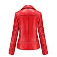 thumbnail image 3 of IROINID Women's Short Faux Leather Jacket Notch Lapel Solid Color Long Sleeve Slim Stand Zip Motorcycle Suit Jacket, Red, 3 of 6