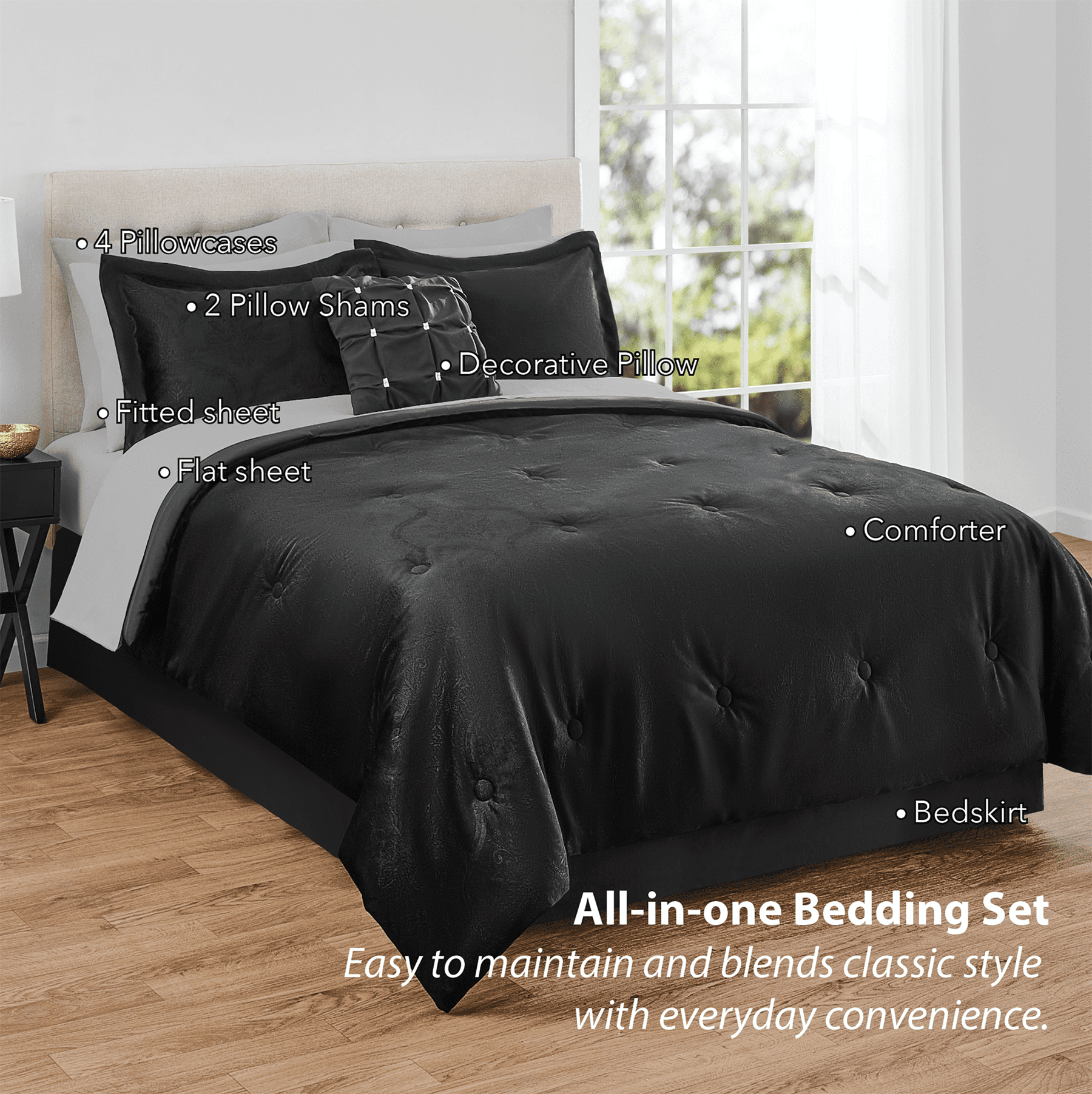 Mainstays 11-Piece Bed in a Bag Comforter Set with Sheets, Black Velvet, Queen