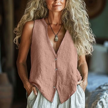 Weiqiqre T-Shirts pour Femmes en Coton à Boutons, Col en V, Sans Manches, Texture Gaze, Hauts Décontractés avec Poche