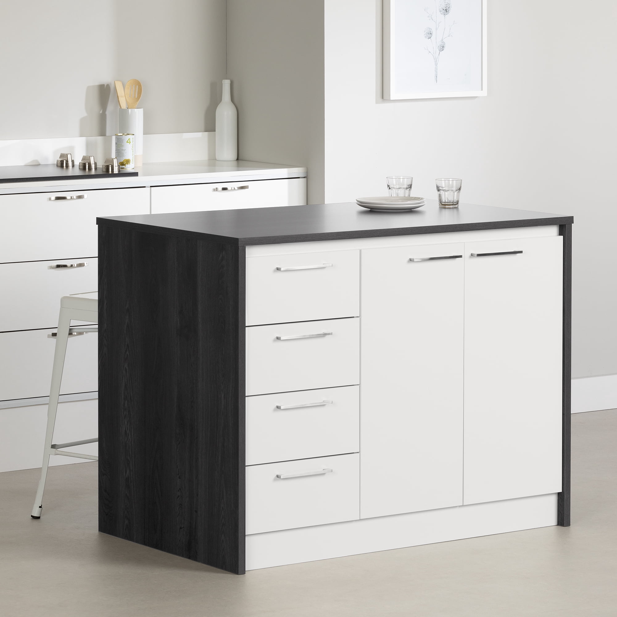 South Shore Myro Kitchen Island with Storage, in Gray Oak and White