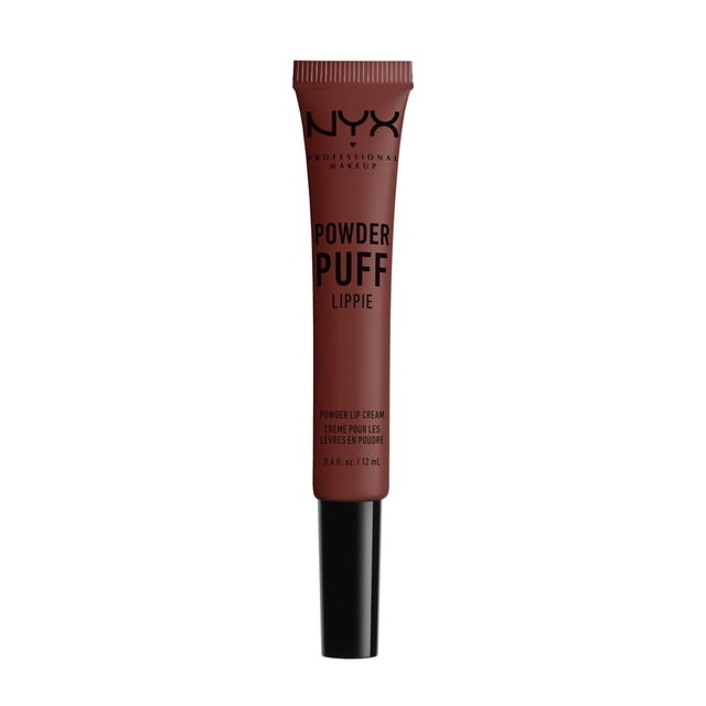 NYX Professional Makeup Powder Puff Lippie Lip Cream in a matte brown squeeze tube with black cap, labeled with black text including 0.4 fl. oz. (12 mL), a lightweight cream lipstick that sets to a powdery matte finish for a soft, just-kissed lip look.