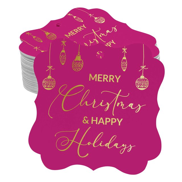 Inkdotpot Real Gold Foil Bracket Shape Paper Hang Tags Merry Christmas & Happy Text Favor Tags Pack Of 50