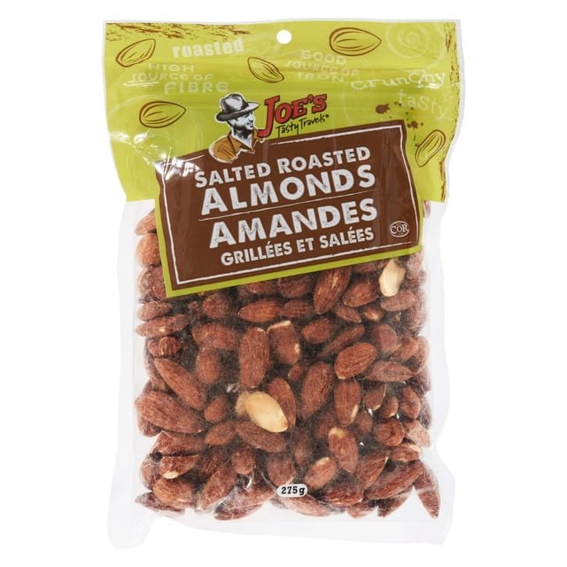 Amandes Rôties Salées dans un Sac Transparent Refermable de 275 g de Joe's Tasty Travels, Mettant en Valeur des Amandes Entières Salées Enrobées de Sel, une Collation Nutritive Faible en Glucides Riche en Fibres et en Fer, Convient pour Manger Telles Quelles Ou comme Garniture de Noix pour desserts.