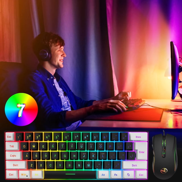 EGNMCR Mini Clavier Filaire à 61 Touches Clavier et Souris de Jeu Blanc/noir avec Rétroéclairage Multicolore Changeant et Souris 3200 DPI. le Clavier compact Présente 61 Touches avec Capuchons de Touches à injection Bicolores en ABS et Fonctions Multimédias, pendant Que la Souris Filaire Comprend 7 Boutons et Réglages DPI Ajustables (1200/1600/2400/3200). l'Ensemble Est Présenté dans une Configuration de Jeu avec Éclairage RVB vibrant, Convient aux Joueurs Haut de Gamme et aux Professionnels du Jeu