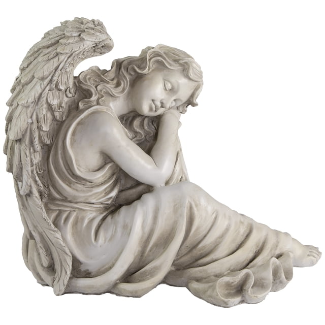 Northlight 17" Gray Resting Angel Outdoor Garden Statue featuring a serene angel resting her head on her knee. The statue has a slightly weathered gray finish, intricate wing details, and a flowing gown. Made of polyresin, it measures 15 inches high by 17 inches wide by 12 inches deep, suitable for indoor or outdoor use.