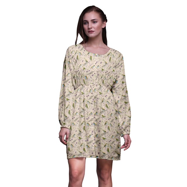 Bimba Blanc Bleu Baies et Oiseau Flowerpecker Tunique pour Femme Haut à Manches Longues Boutonné Imprimé Courte Robe Décontractée-X-Grand