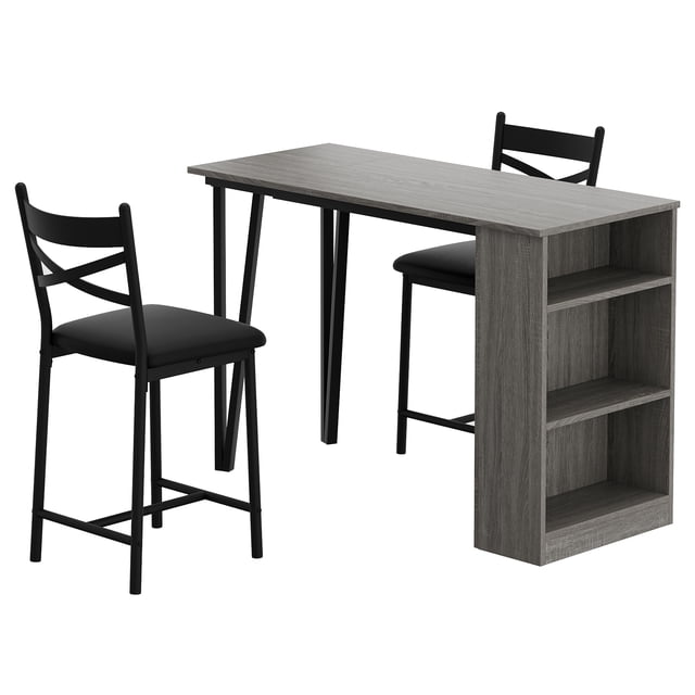Bar Table and Chairs Set, 3 Piece Pub Dining Table with Flip Top Extension & Storage Shelves, Elevated Height Design, Small Spaces Kitchen Dining Furniture