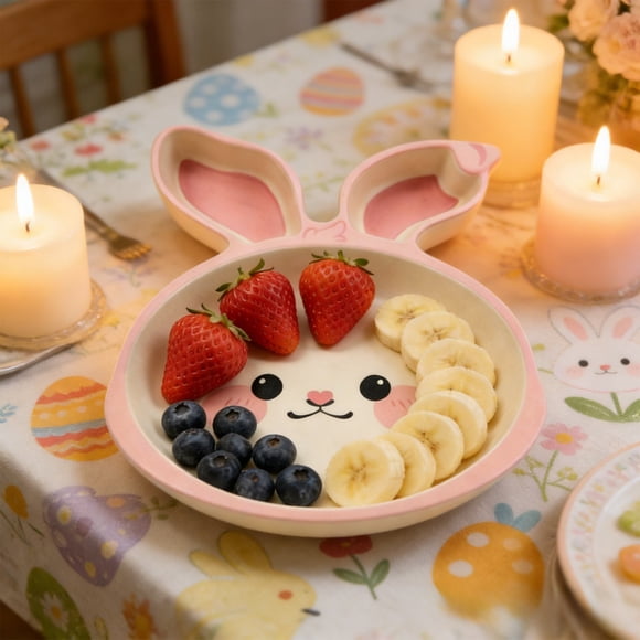 CaiYueKe Assiettes Divisées Lapin de Pâques Plateau d'Alimentation pour Enfants 3 Compartiments Plat à Collation pour Tout-Petits Mélamine Vaisselle Durable pour Enfants Fête Congé Repas