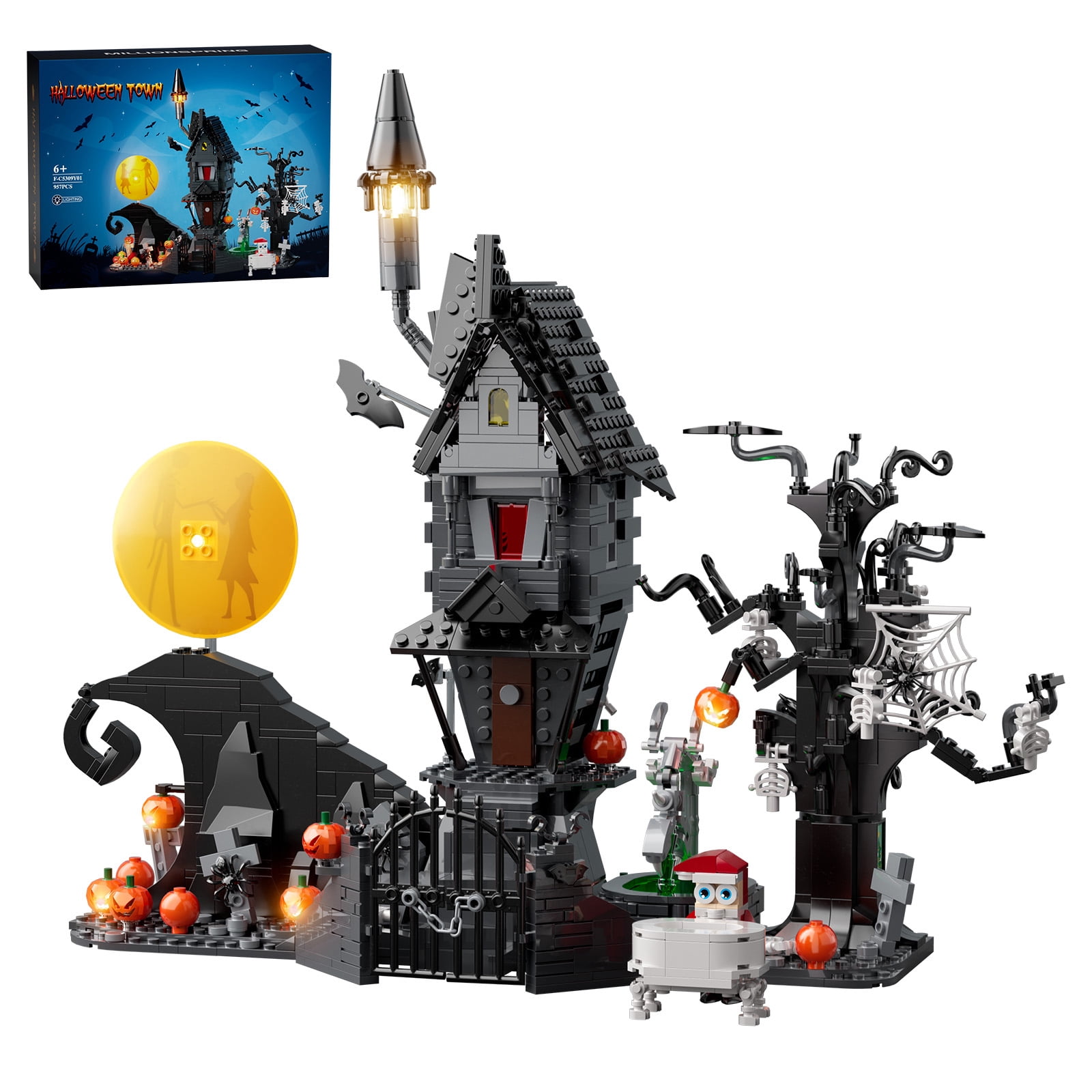 Building Blocks Toys Nightmare before Christmas Halloween Decorations Jack's and Sally Haunted House Building Set with Led Light Festival Toy (957Pcs)