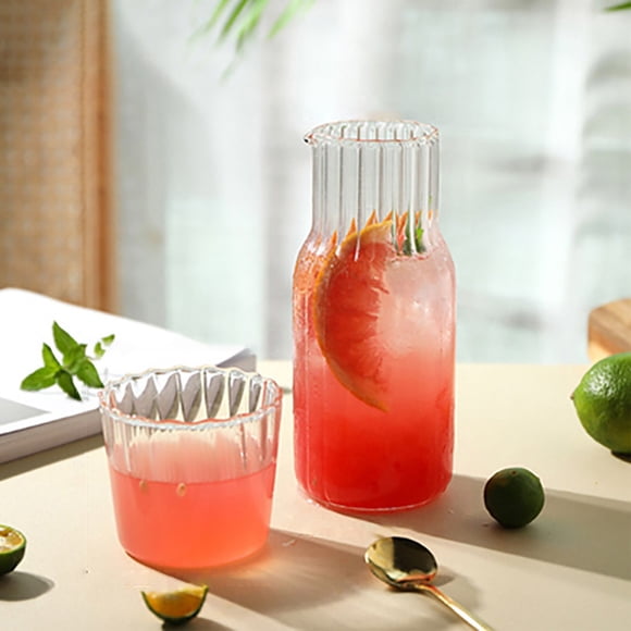Matoen12 Borosilicate Glass Water Pitcher Vertical Stripe Glass Jug Glass Pitcher with Matching Cup Fruit Infuser Water Pitcher
