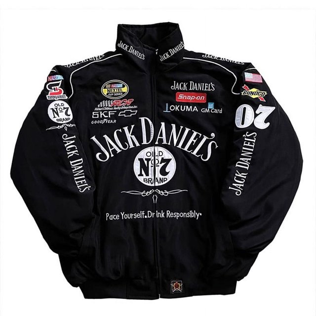 F1 Racing Suit, Embroidered Racing Suit, Motorbike Suit, Cycling Suit, Casual Cotton A289 Racing Suit by SAMARY. Black long-sleeved hoodie with creative patchwork featuring embroidered logos and text, including Jack Daniel's branding. Includes drawstrings, kangaroo pockets, elastic cuffs, and hem for warmth and comfort. Suitable for autumn and winter casual wear, sports, leisure activities, or as a triathlon skinsuit.