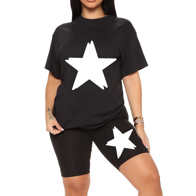 Innerwin Sweatsuits Short Sleeve Ladies Two Piece Outfit Fitness Crew Neck Loose Fit Jogger Set Style-F XL