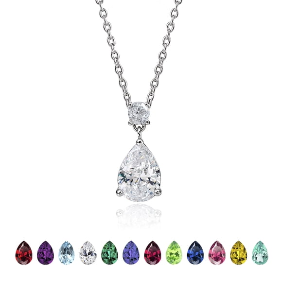 JeenMata 3.25 Carat Cubic Zirconia April Birthstone - Round and Pear Cut Dangle Pendant Necklace in 18k White Gold Plated for Women